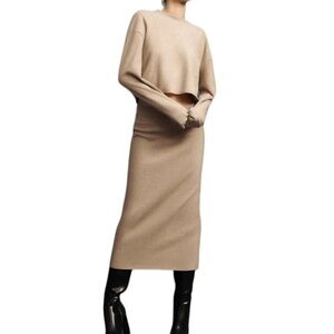 NWT Zara Tan Ribbed Soft Knit Midi Pencil Skirt - M